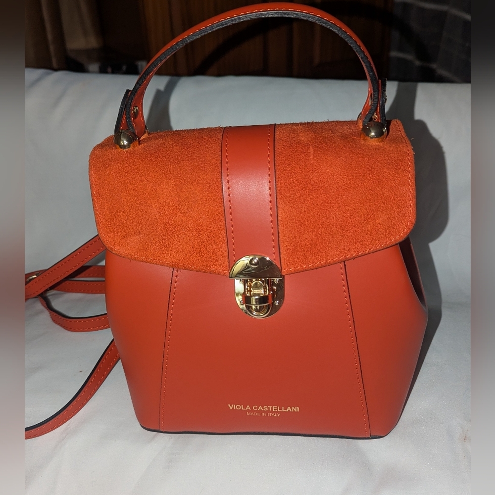 Viola Castellani Papaya Orange Suede-Top Leather Backpack